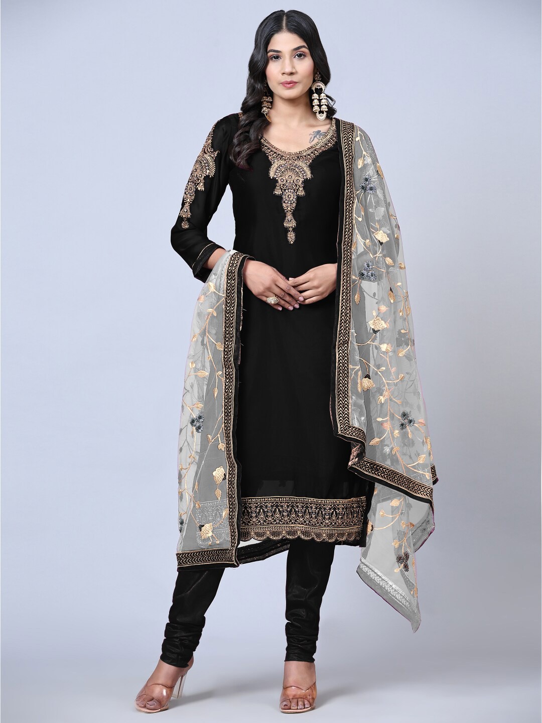 

Angroop Embroidered Satin Semi-Stitched Dress Material, Black