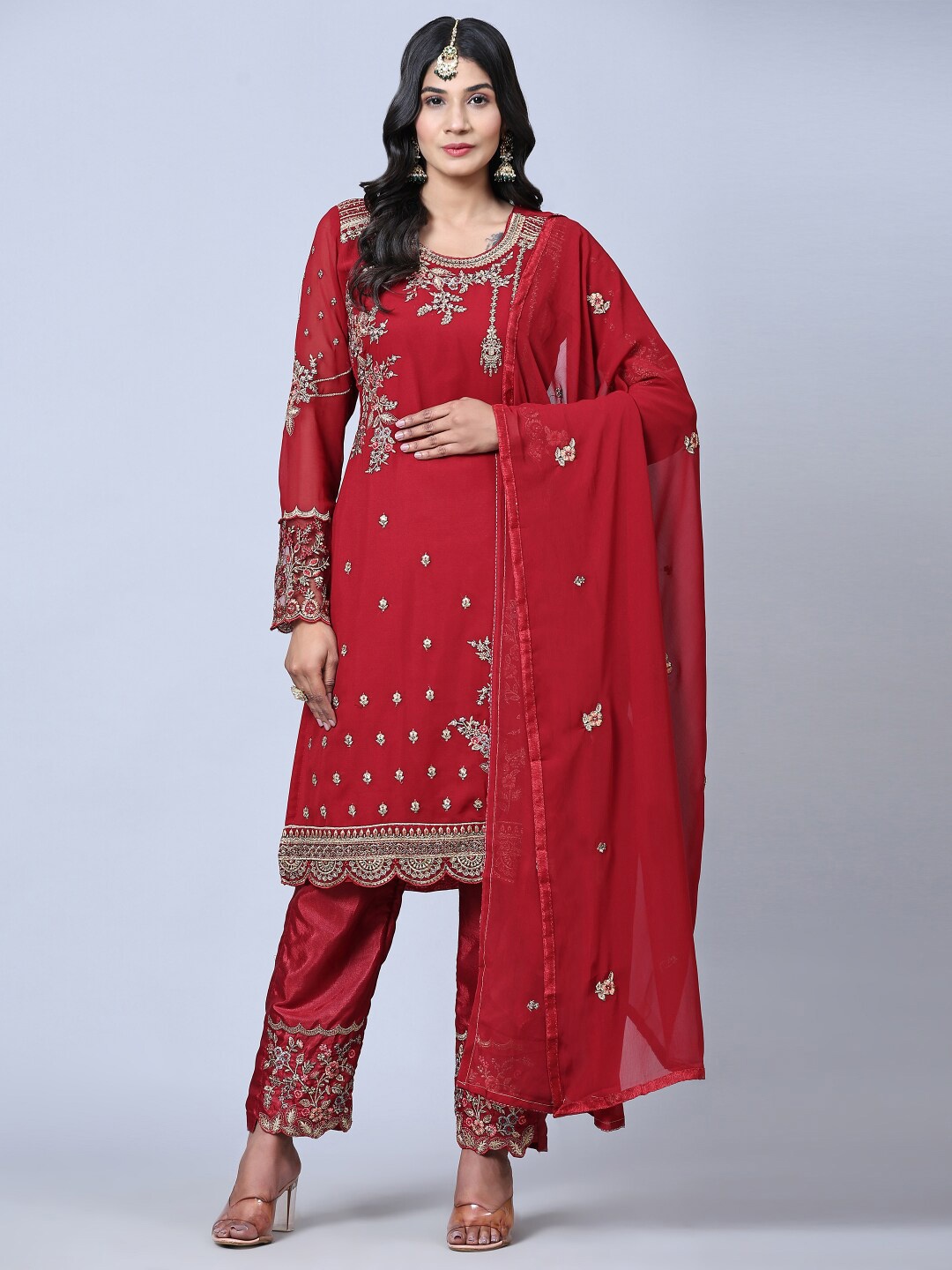 

Angroop Embroidered Semi-Stitched Dress Material, Red