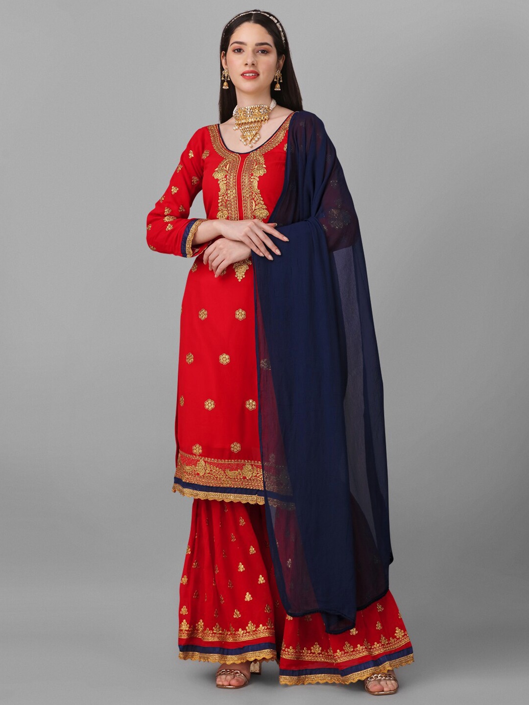 

Angroop Embroidered Semi-Stitched Sharara Dress Material, Red