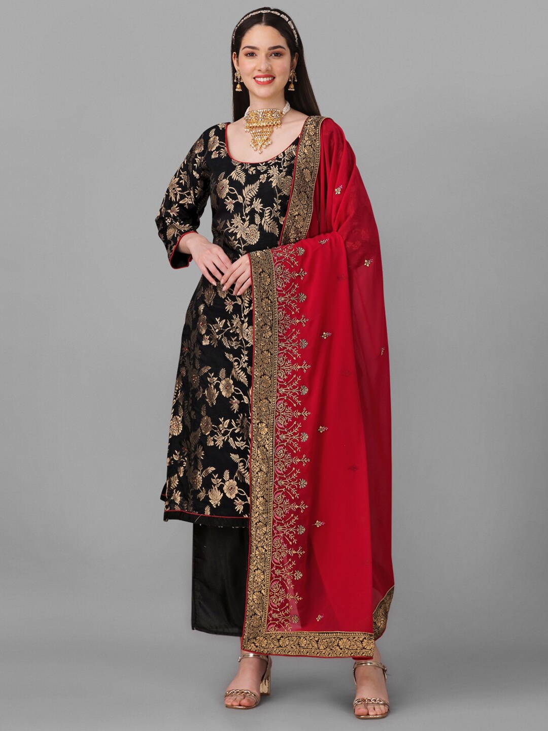 

Angroop Floral Woven Design Art Silk Semi-Stitched Dress Material, Black