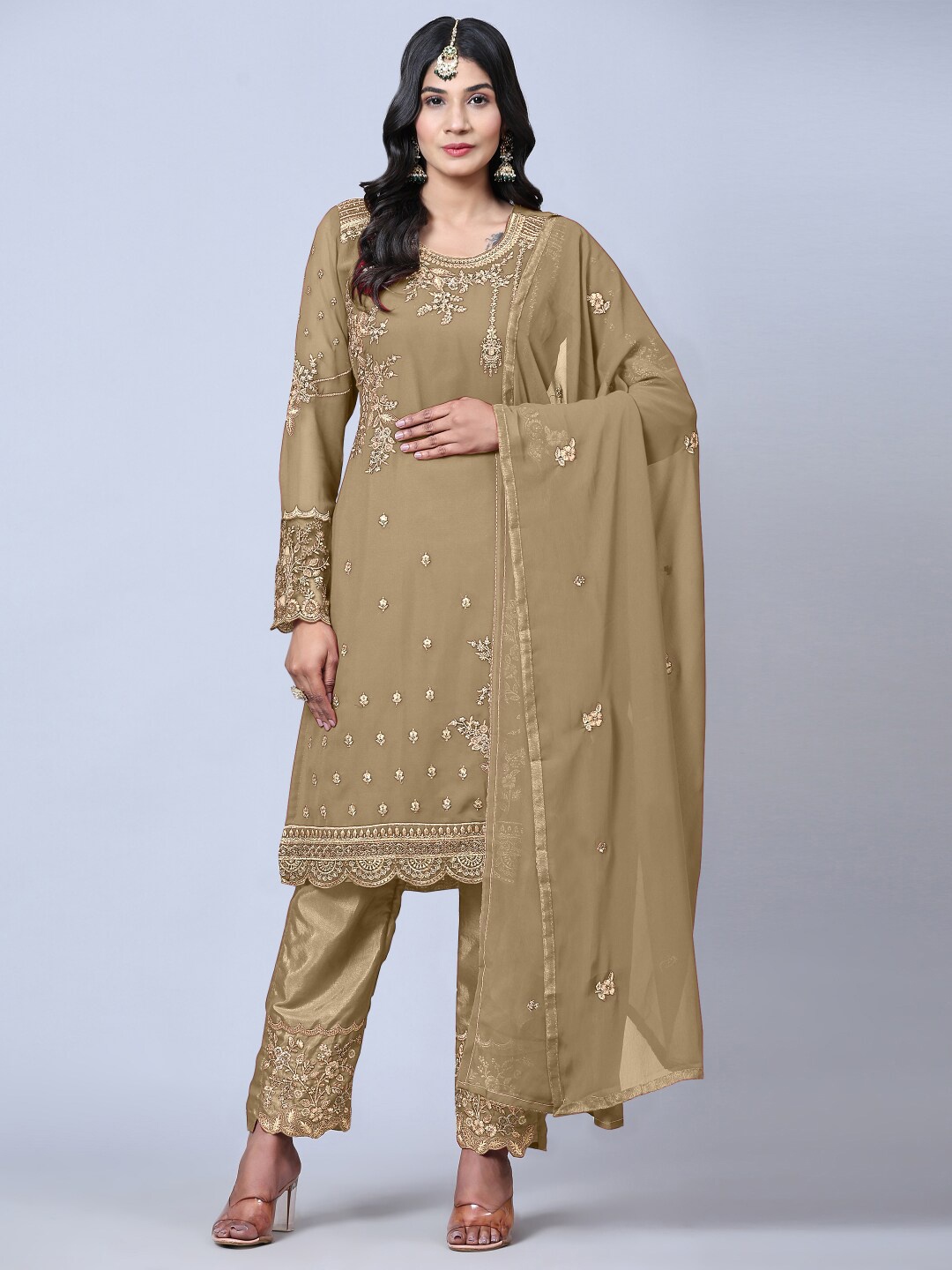 

Angroop Embroidered Semi-Stitched Dress Material, Khaki