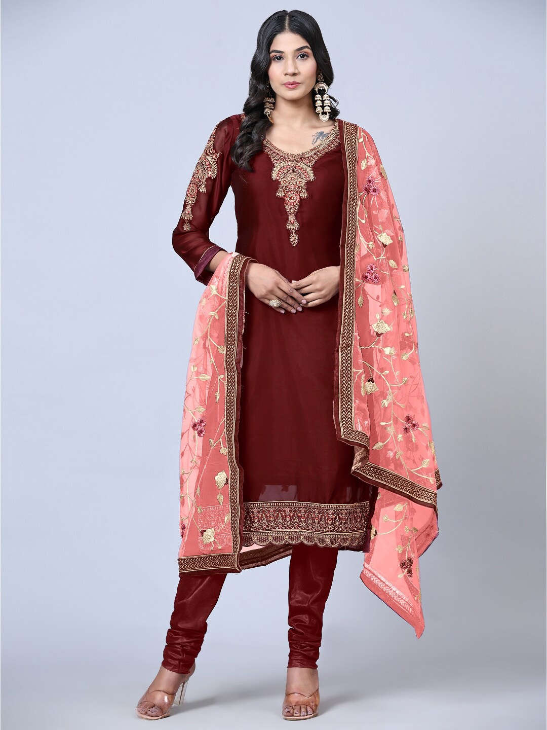 

Angroop Floral Embroidered Satin Semi-Stitched Dress Material, Red
