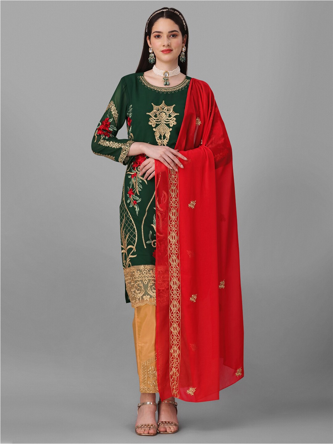 

Angroop Embroidered Semi-Stitched Dress Material, Green