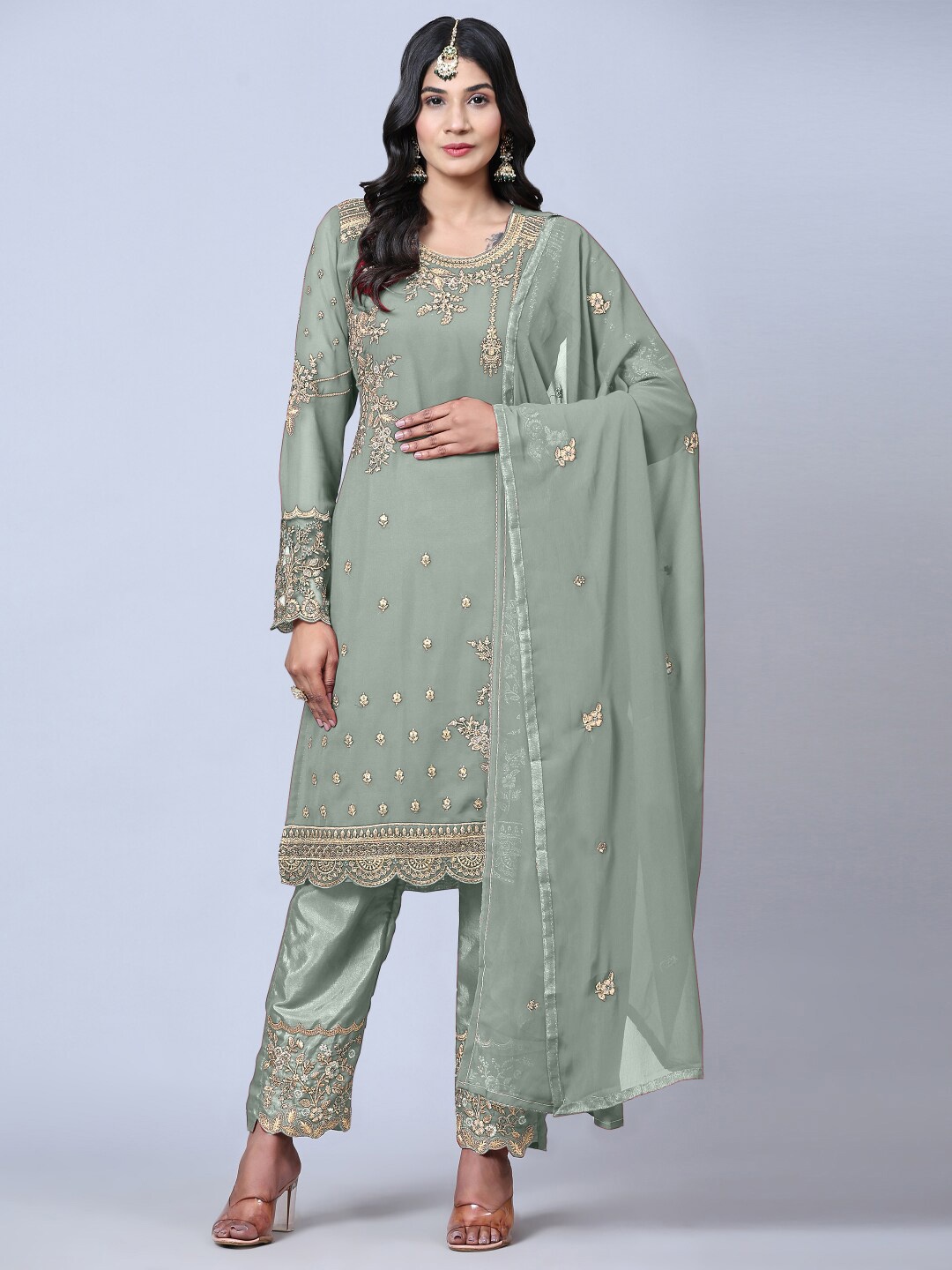 

Angroop Floral Embroidered Semi-Stitched Dress Material, Olive