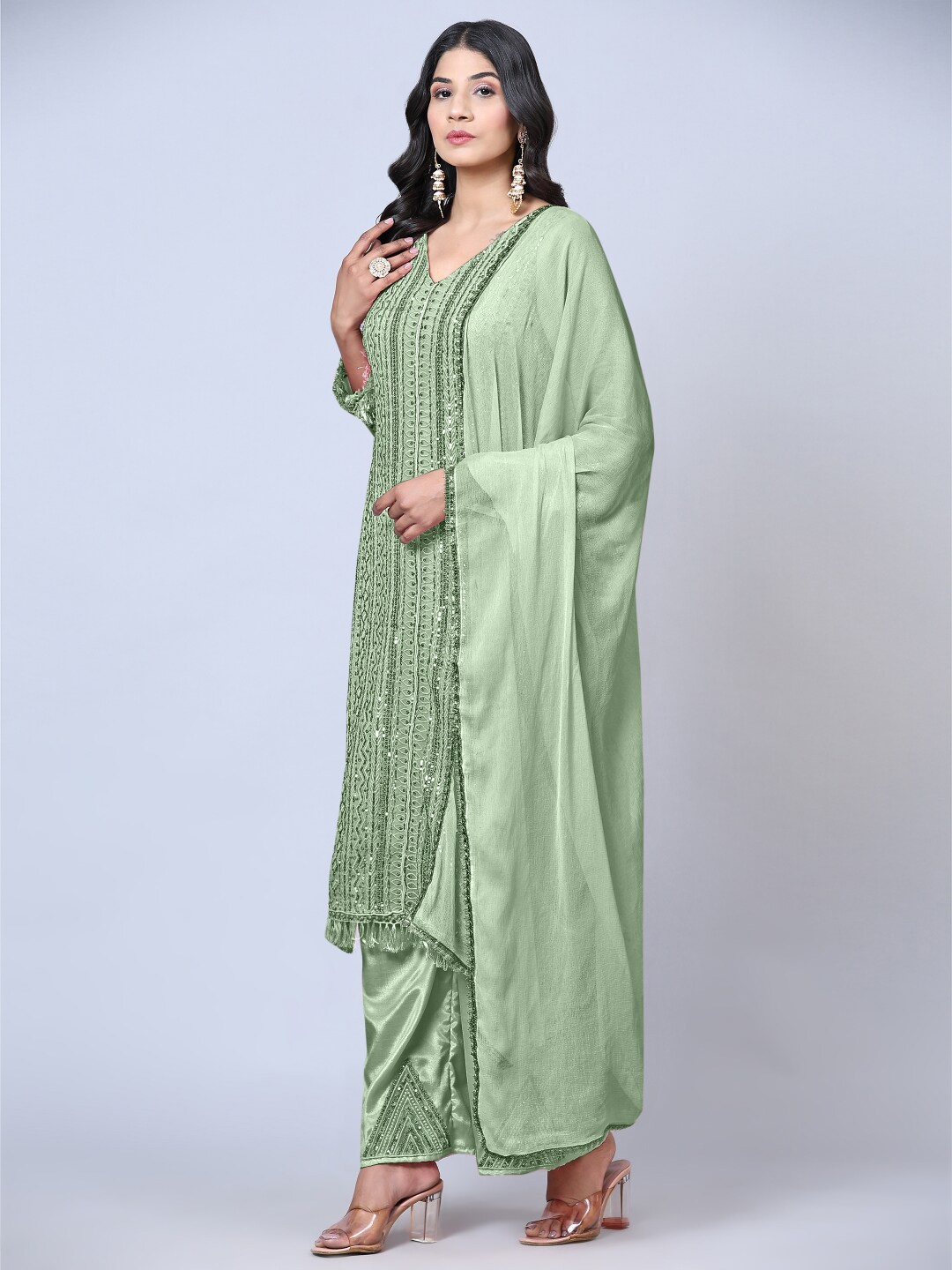 

Angroop Sequins Embellished Semi-Stitched Dress Material, Green