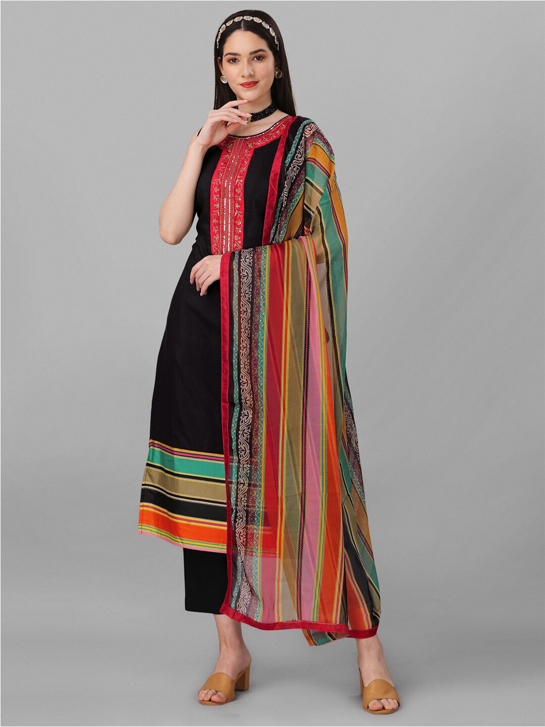 

Angroop Chanderi Cotton Semi-Stitched Dress Material, Black