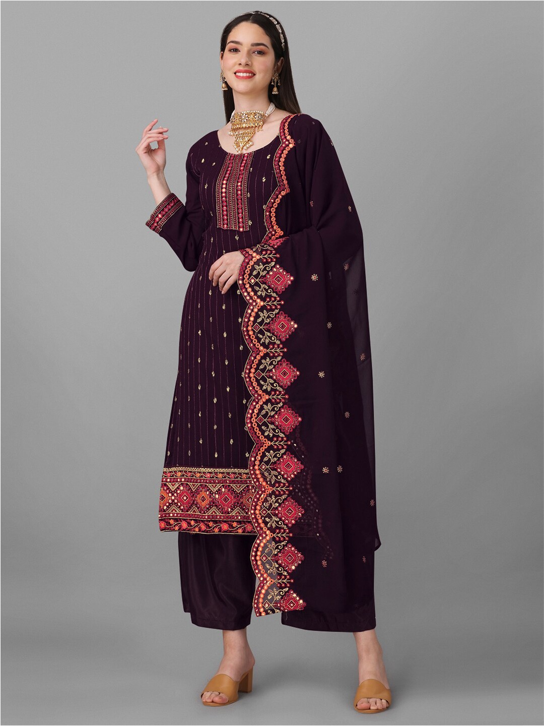 

Angroop Embroidered Mirror Work Semi-Stitched Dress Material, Purple