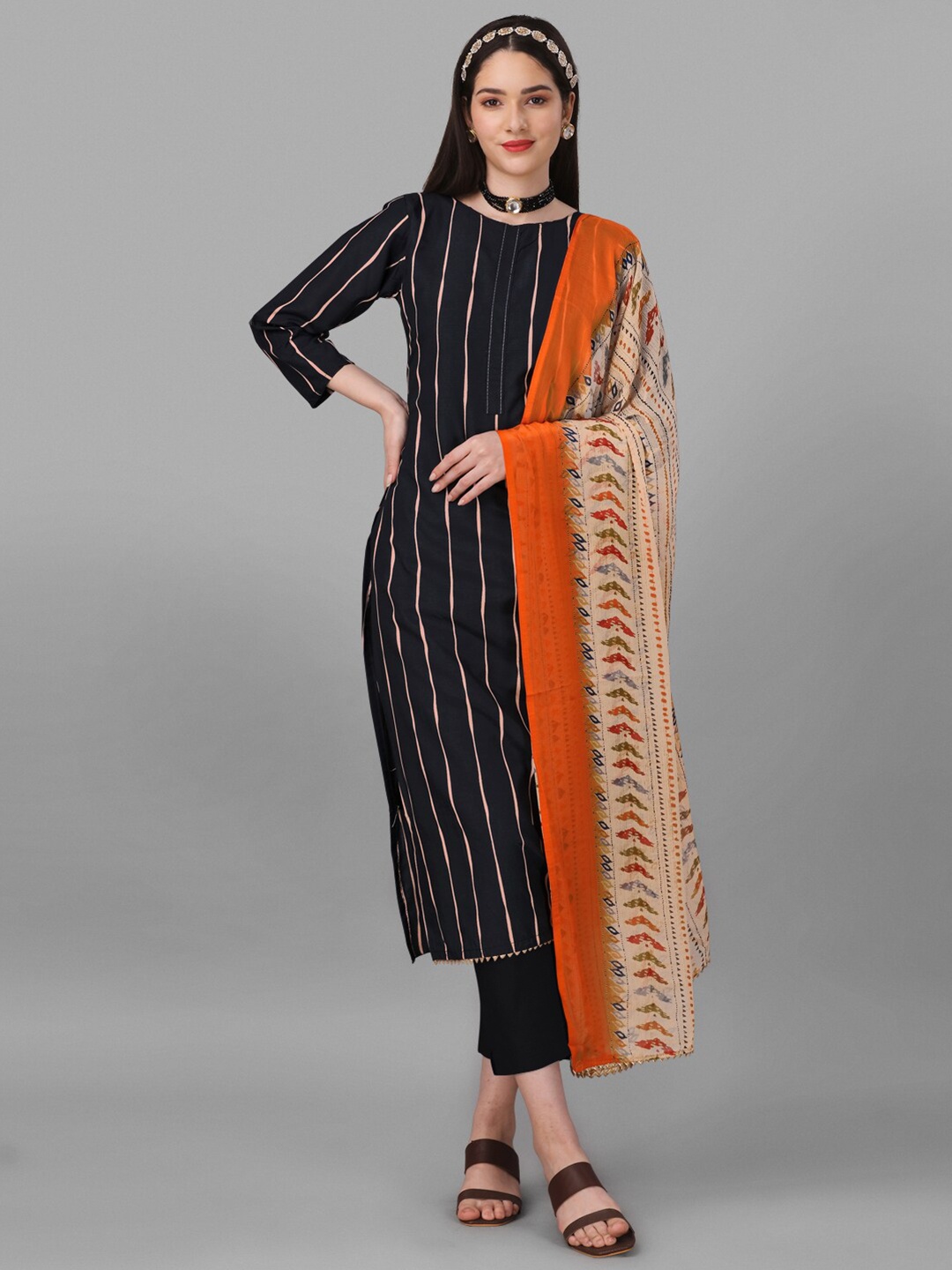 

Angroop Striped Semi-Stitched Dress Material, Navy blue