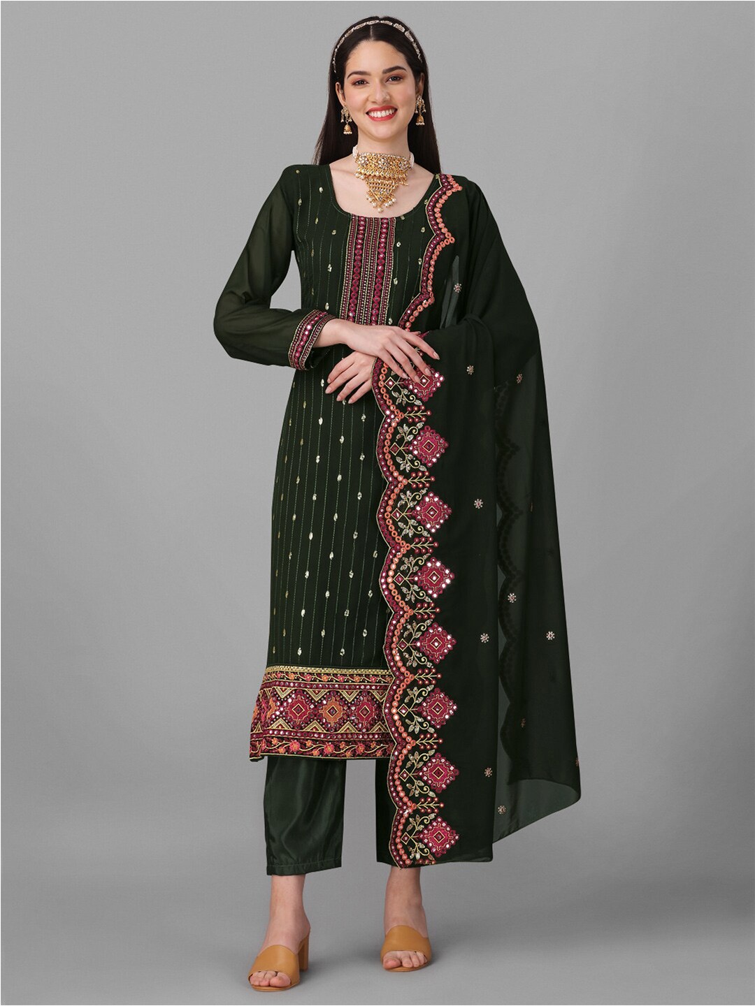 

Angroop Floral Embroidered Semi-Stitched Dress Material, Green