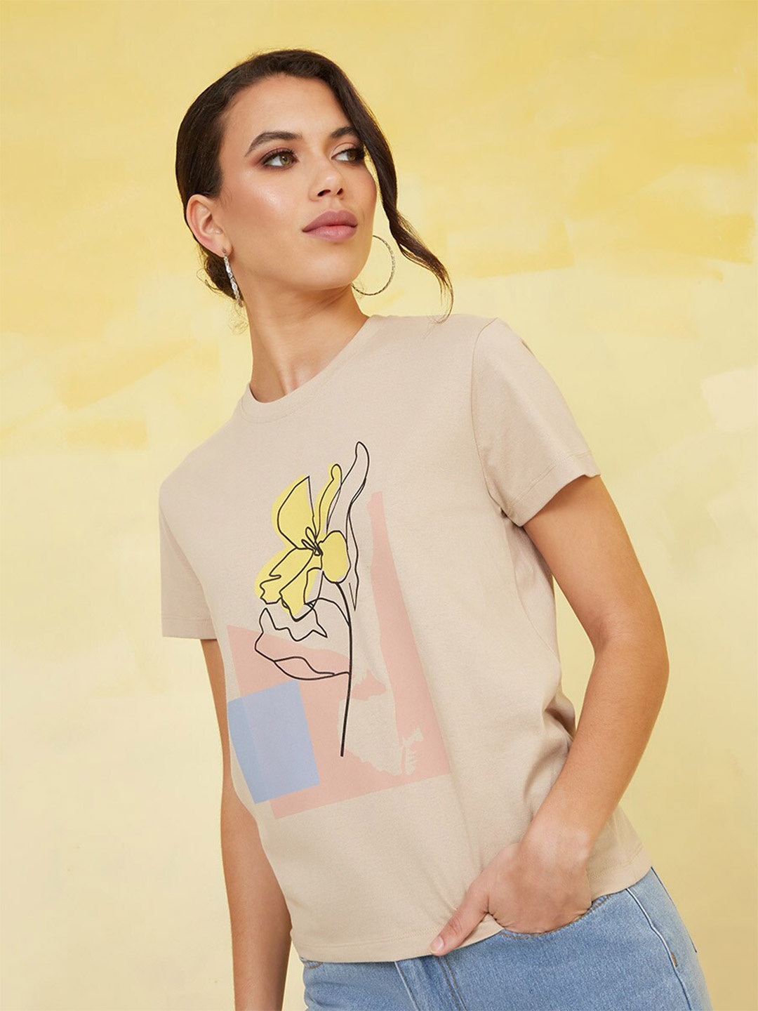 

Styli Women Floral Printed Knitted Cotton T-shirt, Beige