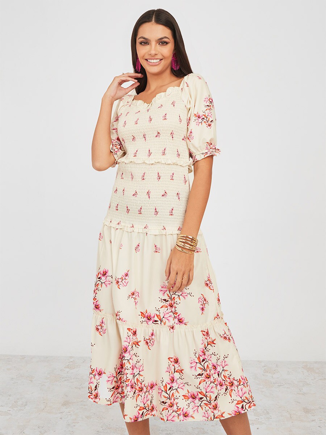 

Styli Floral Printed Puff Sleeves Smocked Tiered Fit & Flare Midi Dress, Cream