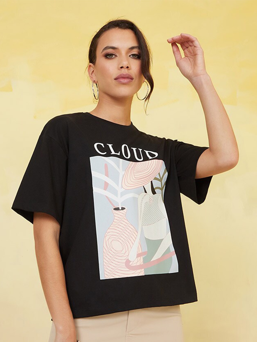 

Styli Black Graphic Printed Cotton Boxy T-shirt