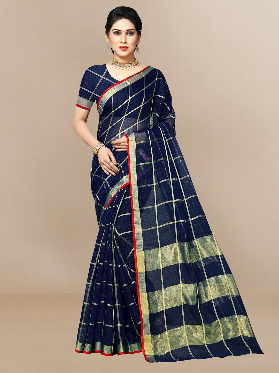 

Sidhidata Checked Woven Design Zari Kota Saree, Navy blue