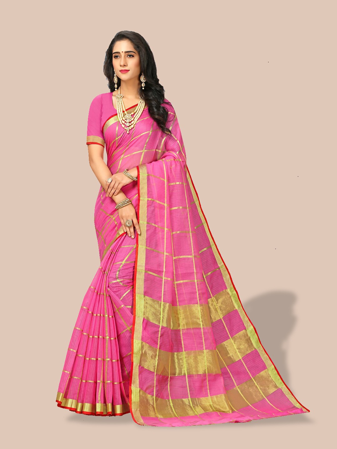 

Sidhidata Checked Woven Design Zari Kota Saree, Pink