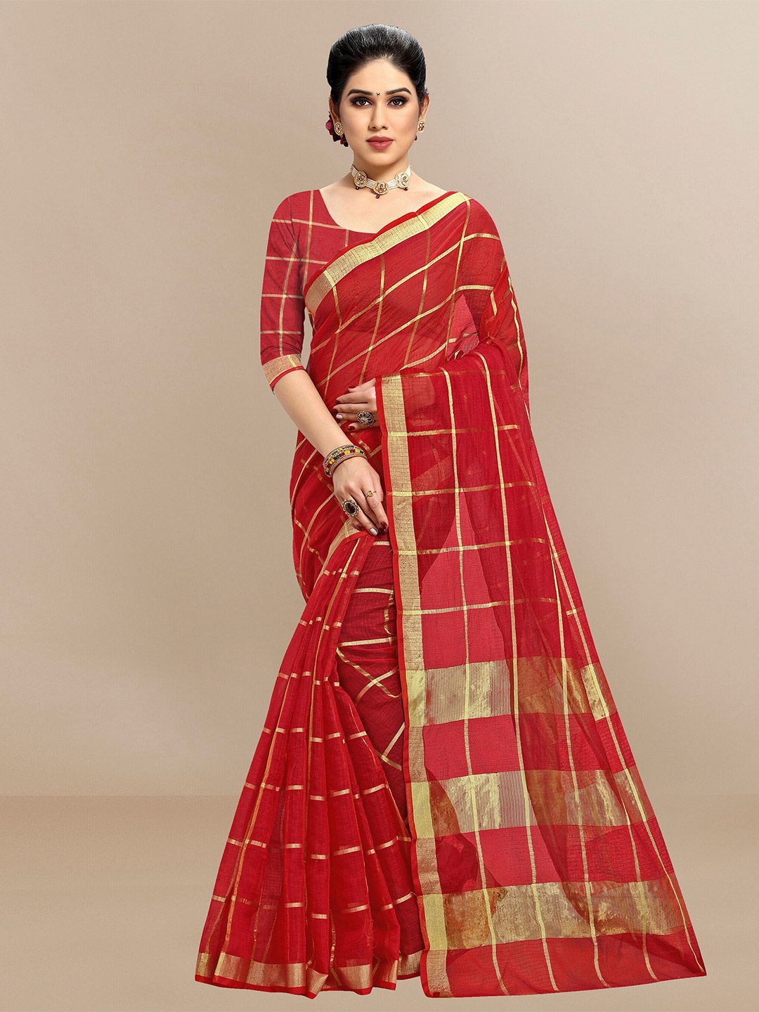 

Sidhidata Checked Woven Design Zari Kota Saree, Red