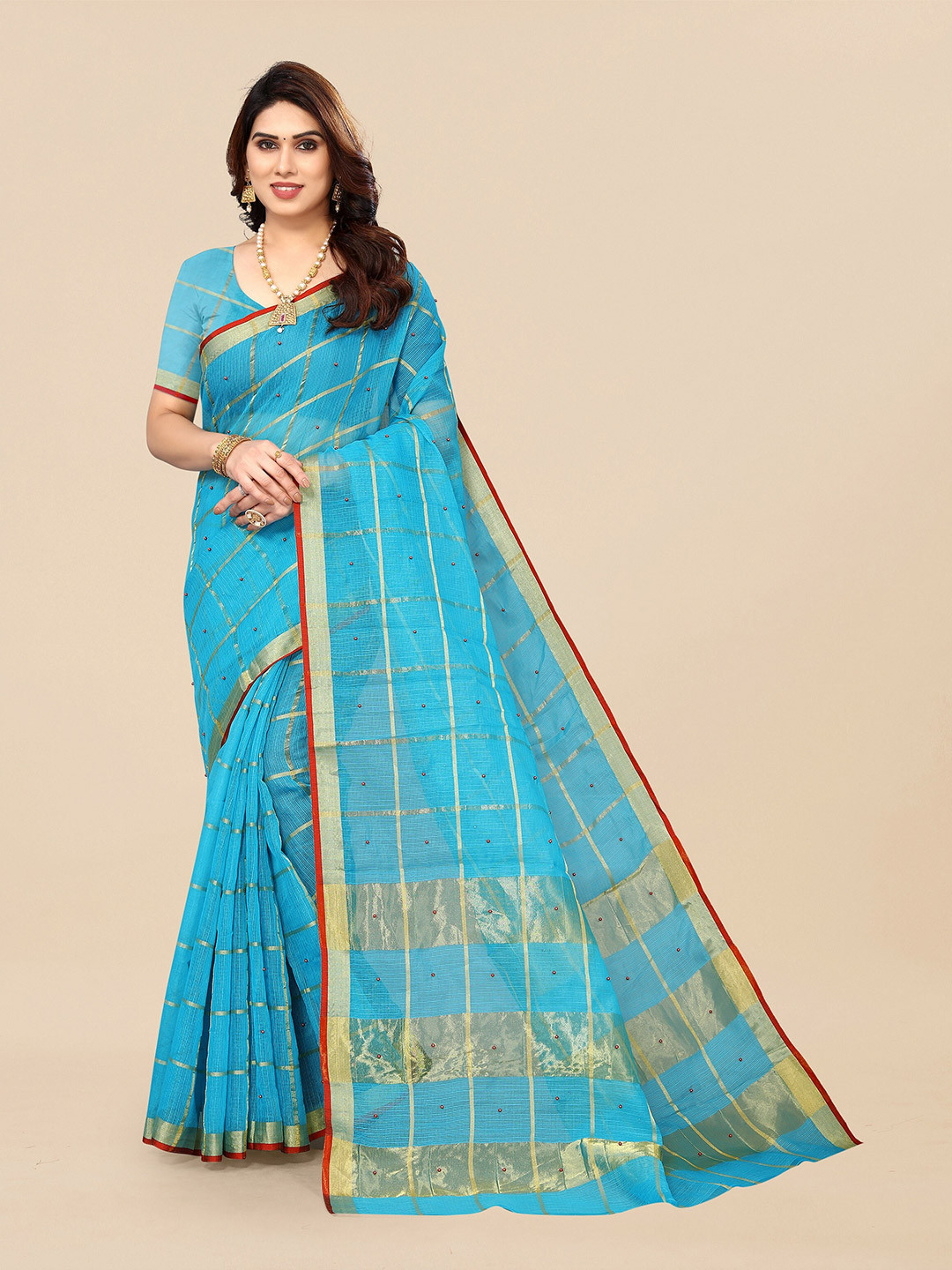 

Sidhidata Checked Woven Design Zari Kota Saree, Turquoise blue