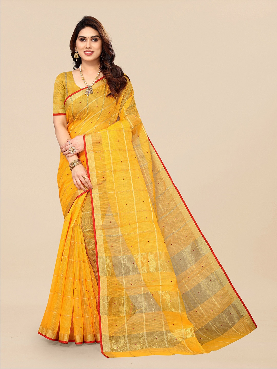 

Sidhidata Checked Woven Design Zari Kota Doria Cotton Saree, Yellow