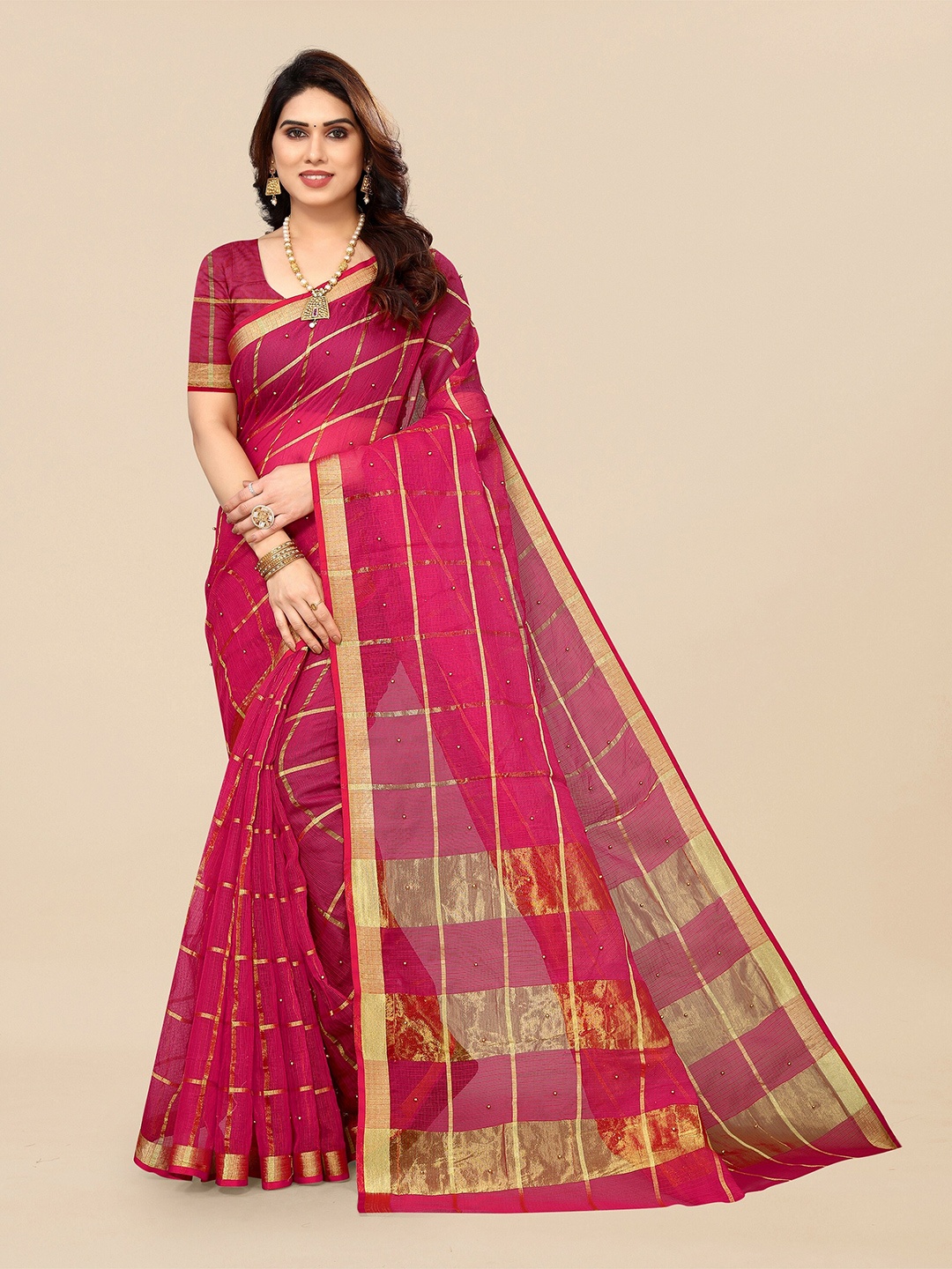 

Sidhidata Checked Woven Design Zari Kota Saree, Red