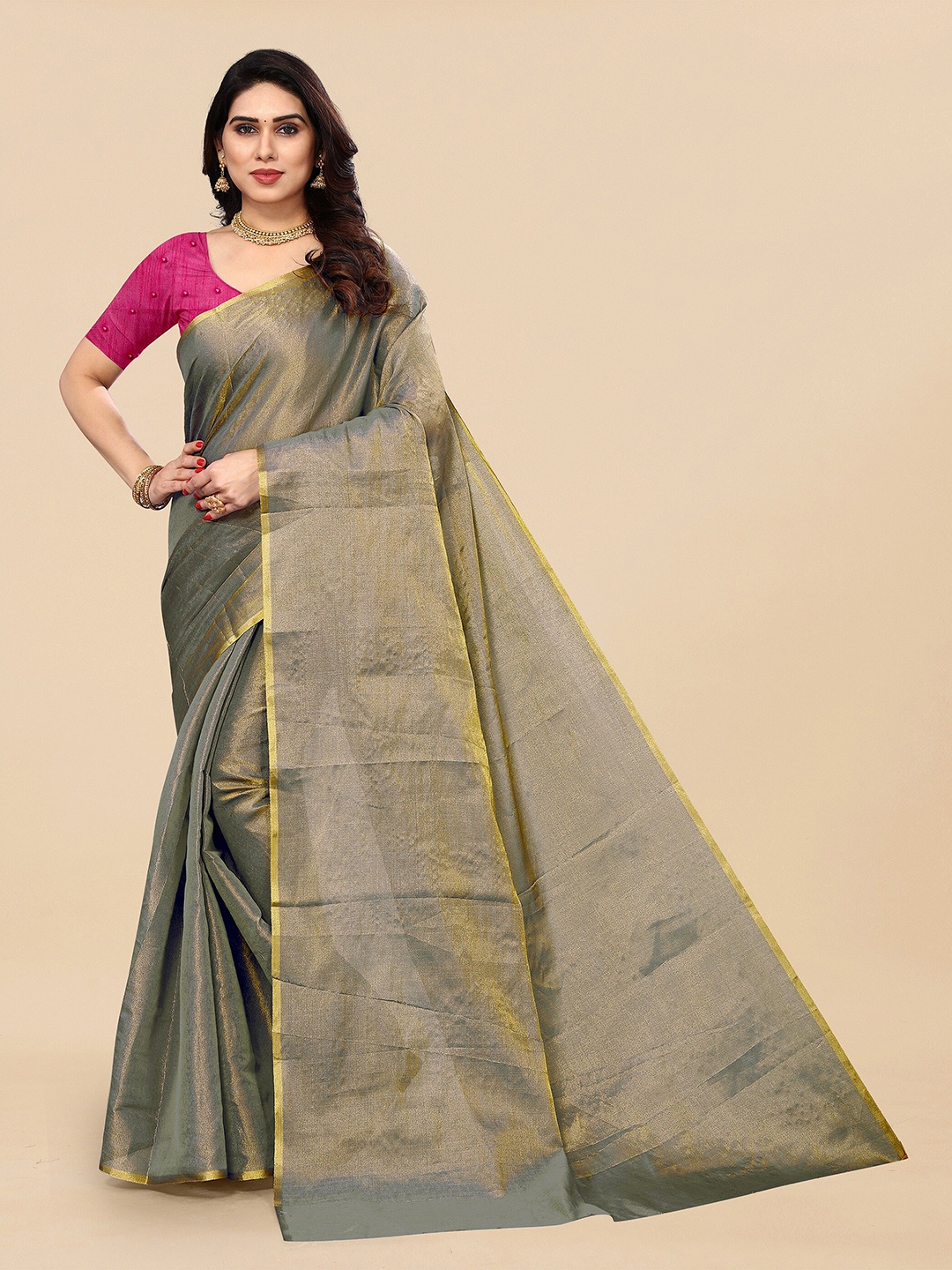 

Sidhidata Solid Silk Blend Zari Saree With Blouse Piece, Green