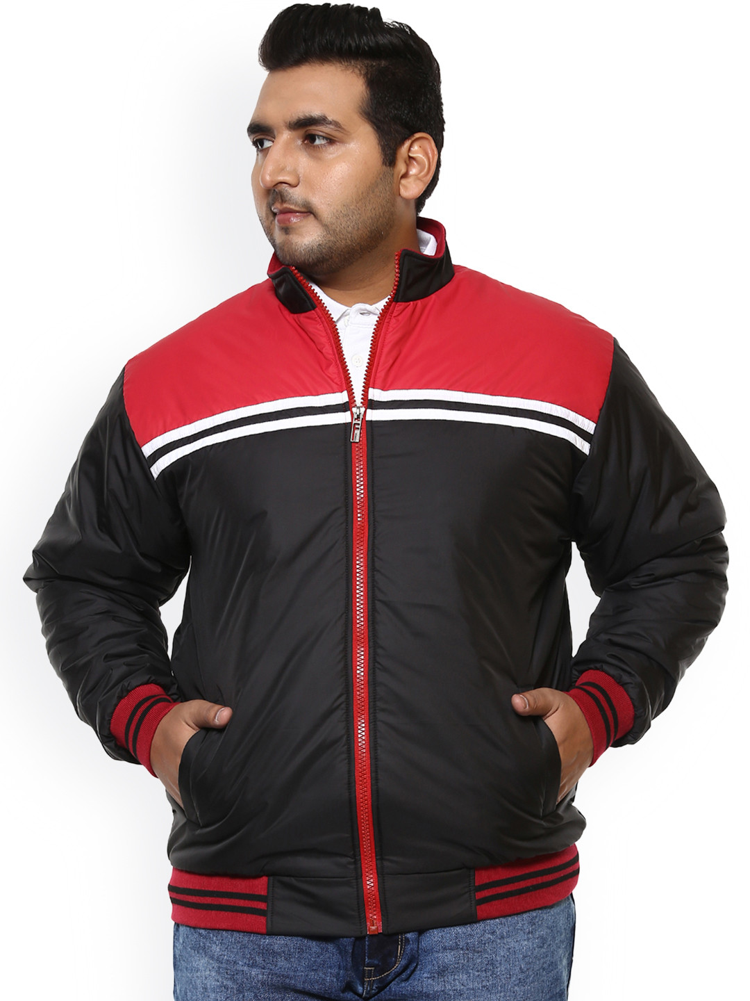 

John Pride Plus Size Men Black Red Colourblocked Padded Jacket