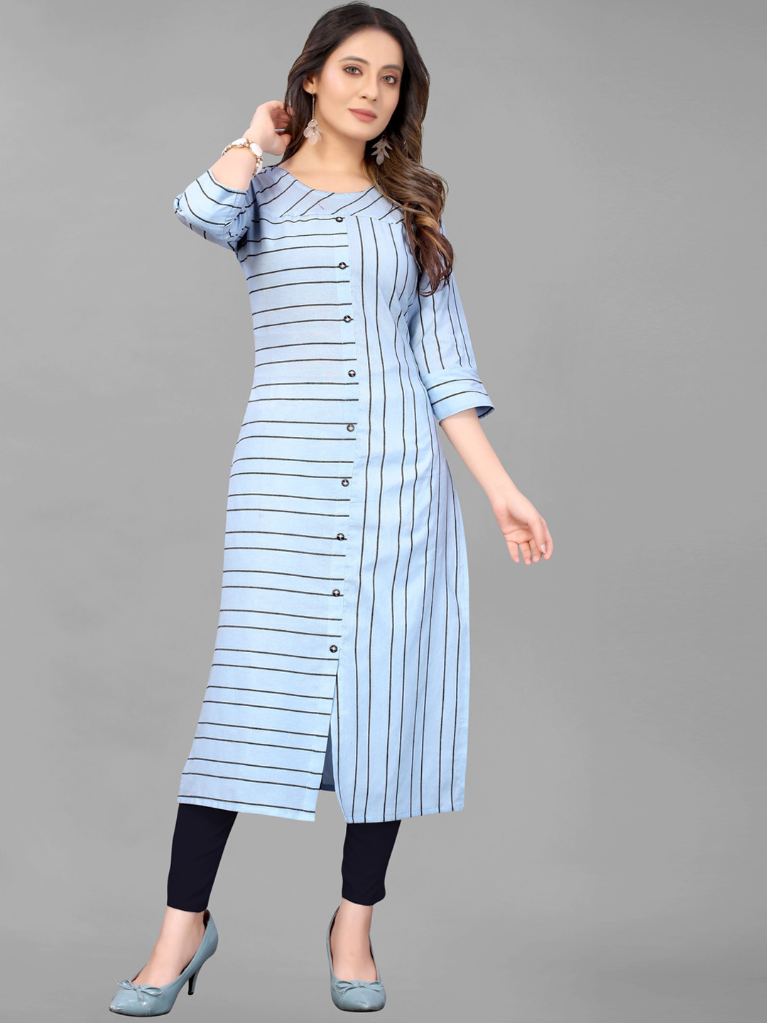 

ZEEPKART Striped Straight Kurta With Trousers, Turquoise blue