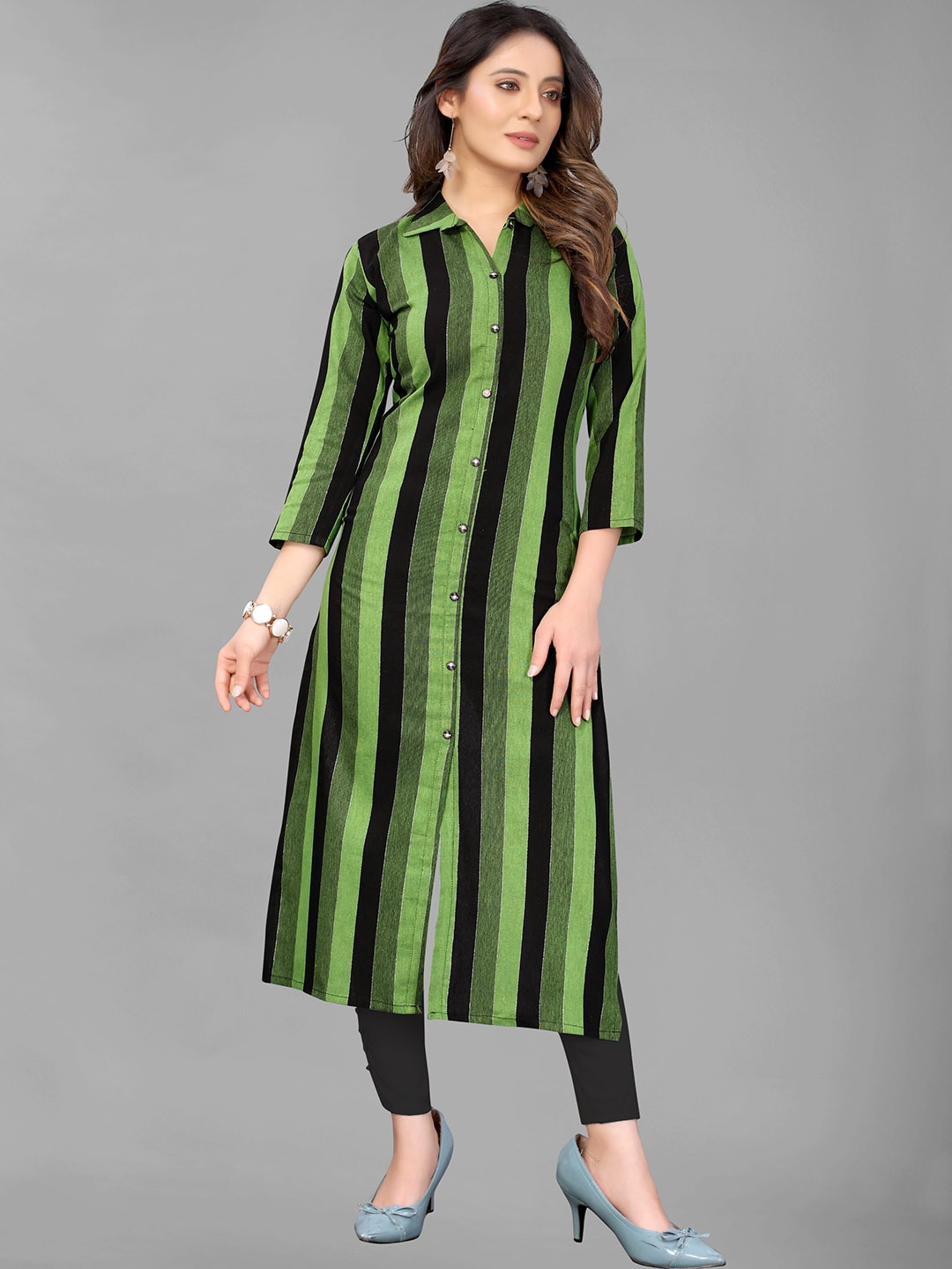 

ZEEPKART Striped Shirt Collar Kurta With Trousers, Green