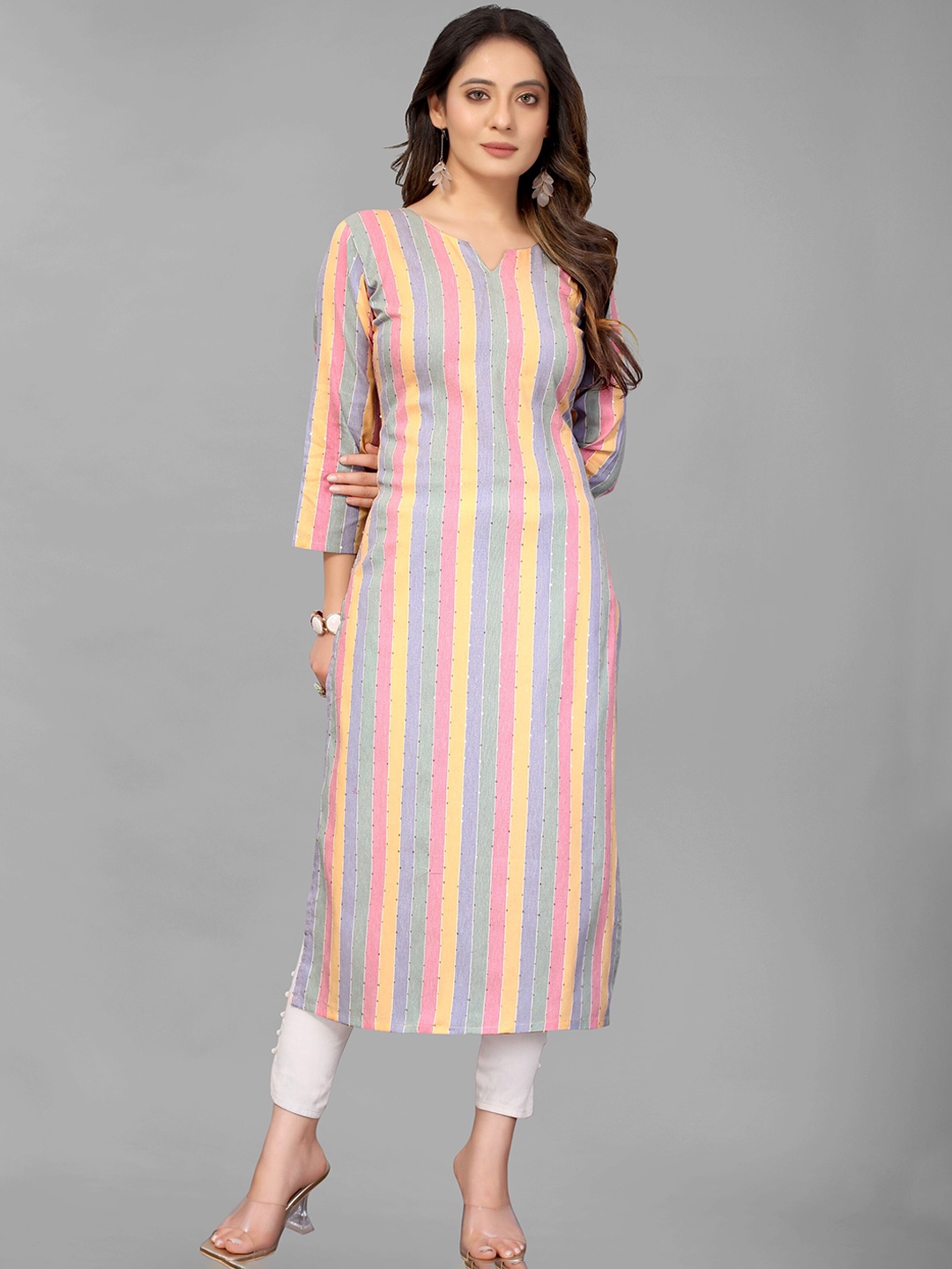 

ZEEPKART Striped Notched Neck Sequinned Kurta With Trousers, Grey