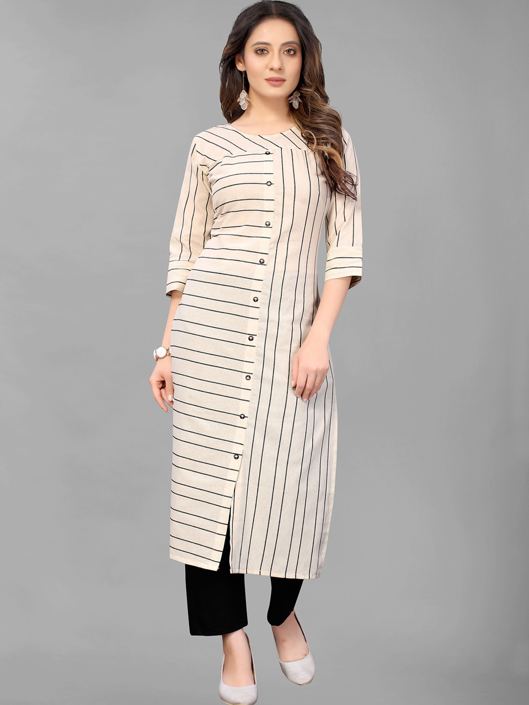 

ZEEPKART Striped Straight Kurta With Trousers, Cream