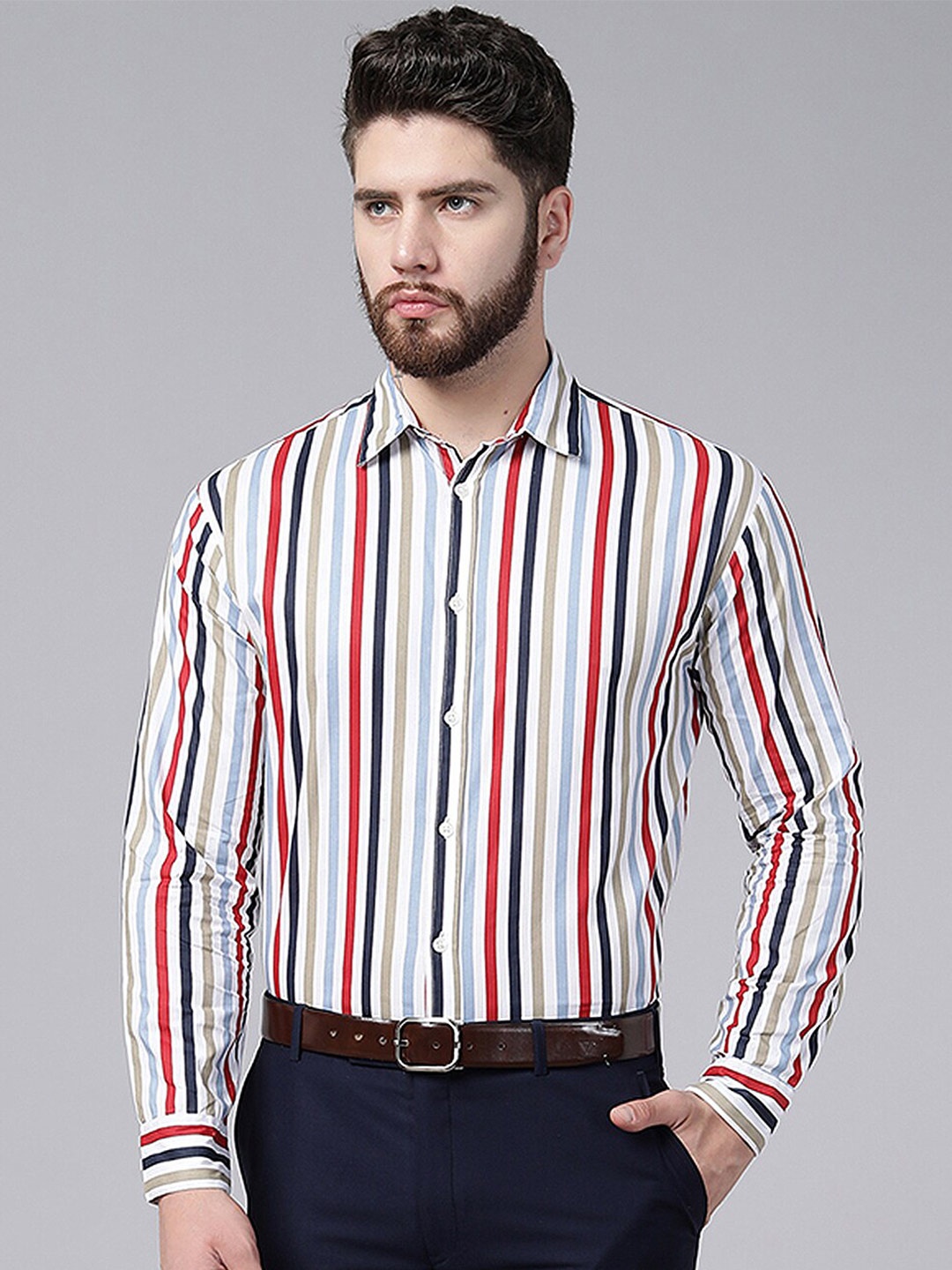 

A.T.U.N. Striped Long Sleeves Pure Cotton Casual Shirt, White