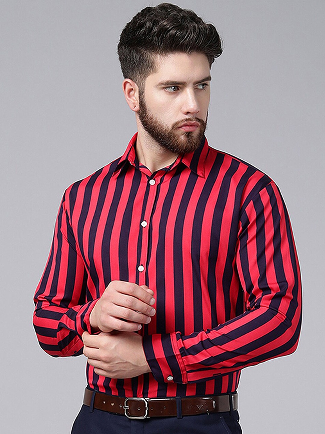 

A.T.U.N. Striped Spread Collar Long Sleeves Casual Shirt, Navy blue