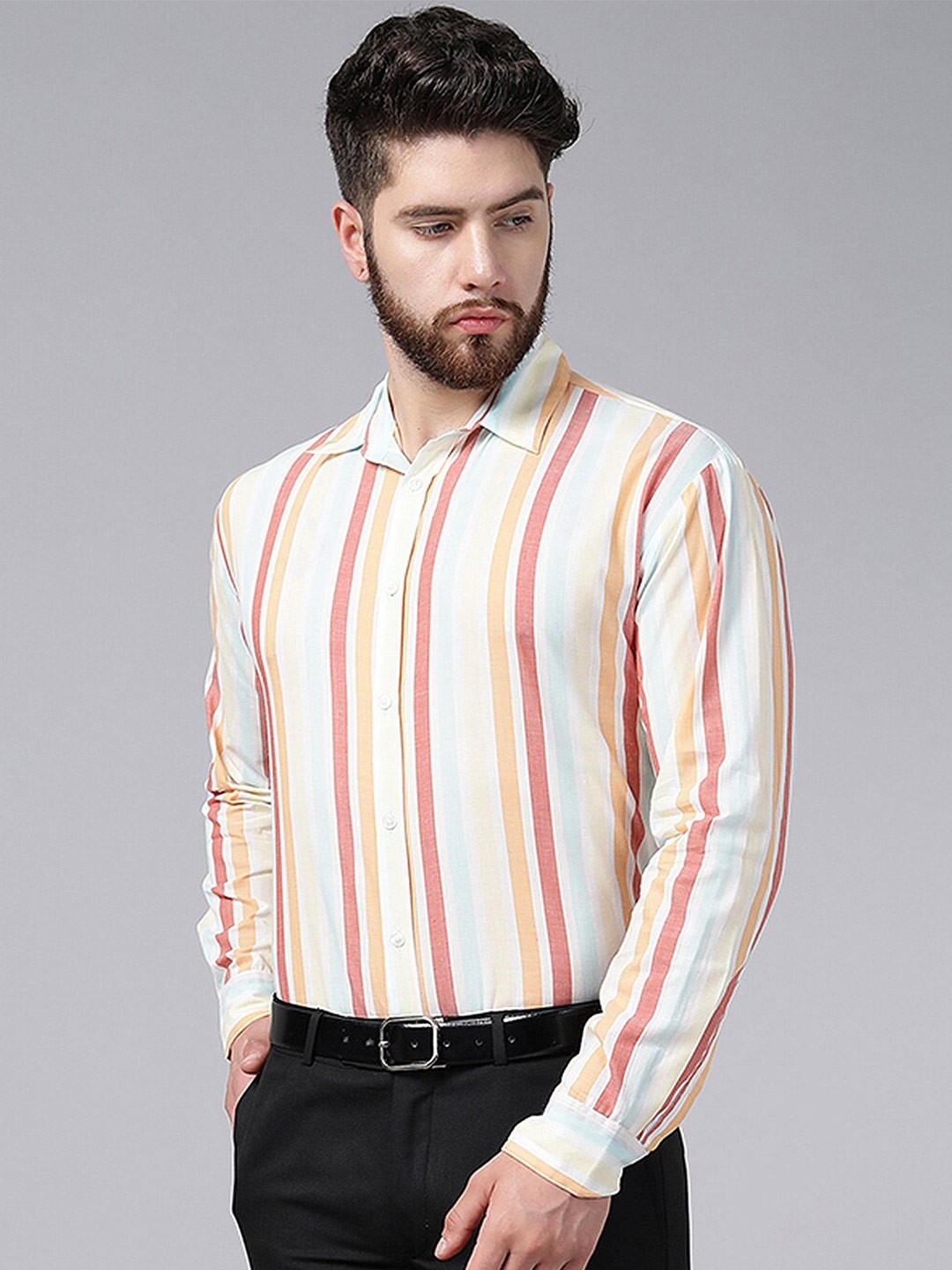 

A.T.U.N. Striped Long Sleeves Pure Cotton Casual Shirt, White