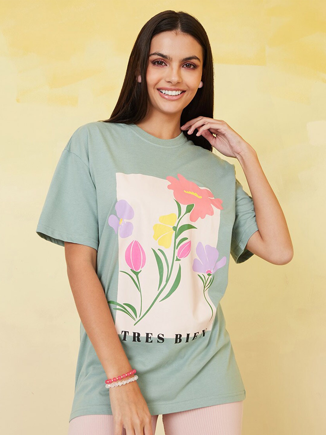 

Styli Green Floral Printed Drop-Down Sleeves Cotton Relaxed T-shirt