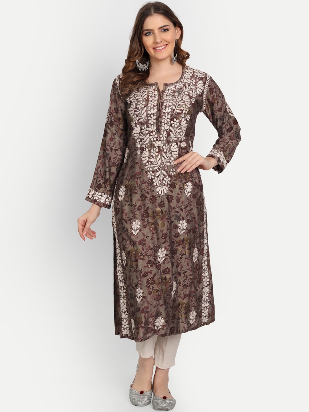 

Indiankala4u Floral Printed Chikankari Pure Cotton Kurta, Brown