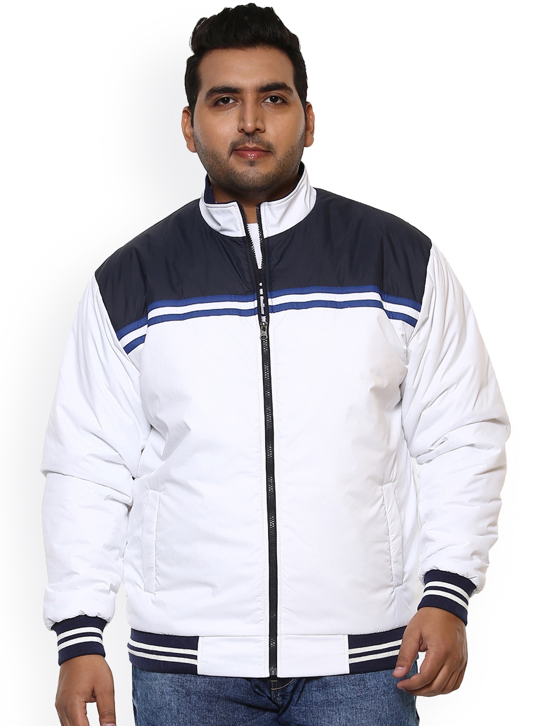 

John Pride Plus Size Men White Navy Blue Colourblocked Padded Jacket