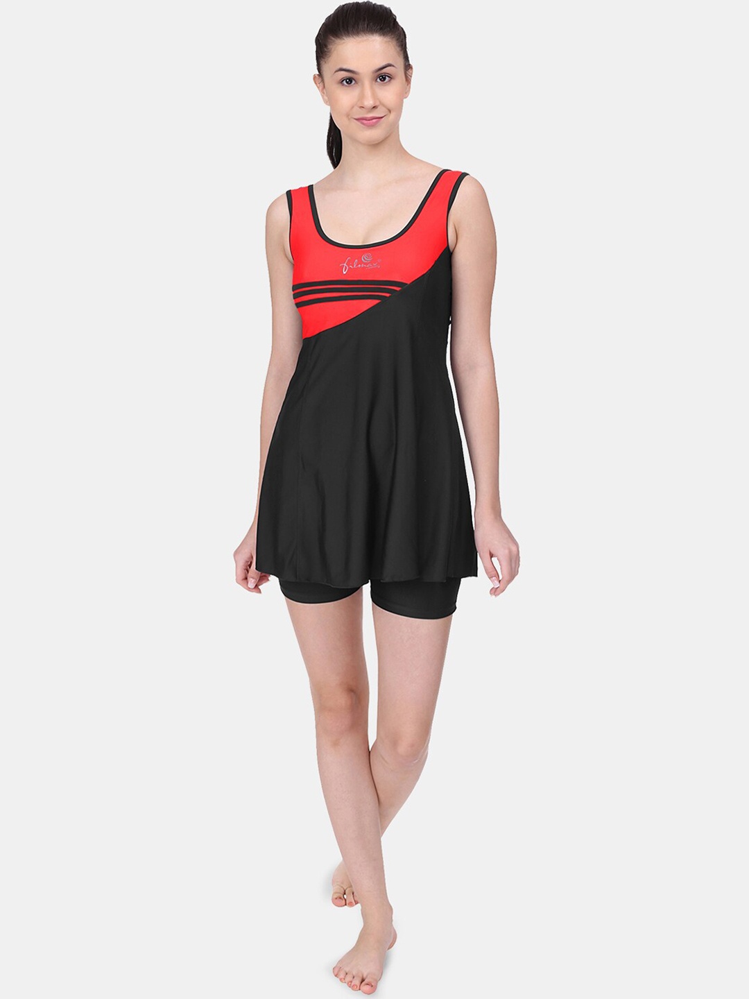 

FILMAX ORIGINALS Colourblocked Tri-Strip Sleeveless Swim Dress, Black