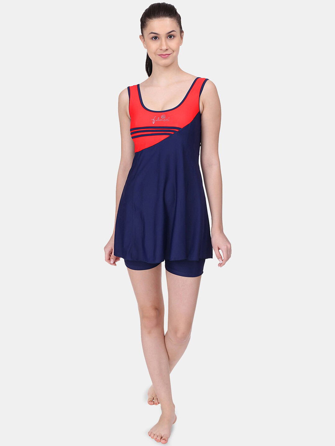 

FILMAX ORIGINALS Women Colourblocked Tri-Strip Sleeveless Swim Dress, Navy blue