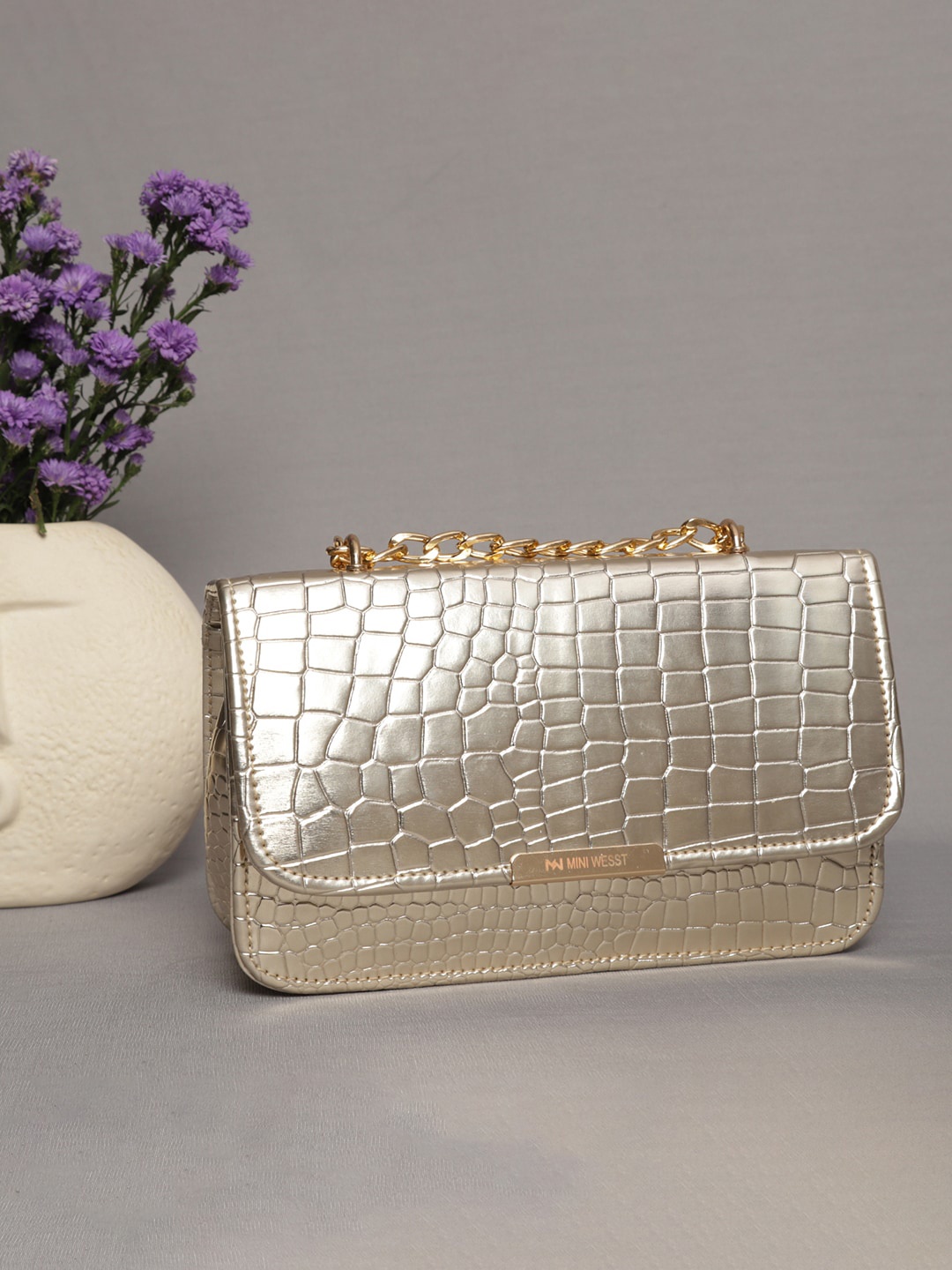 

MINI WESST Women Animal Textured Structured Sling Bag, Gold