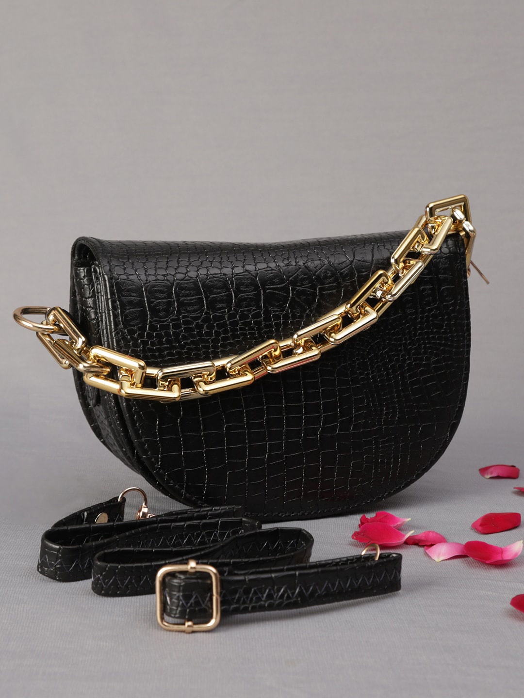 

MINI WESST Black Animal Textured Half Moon Sling Bag