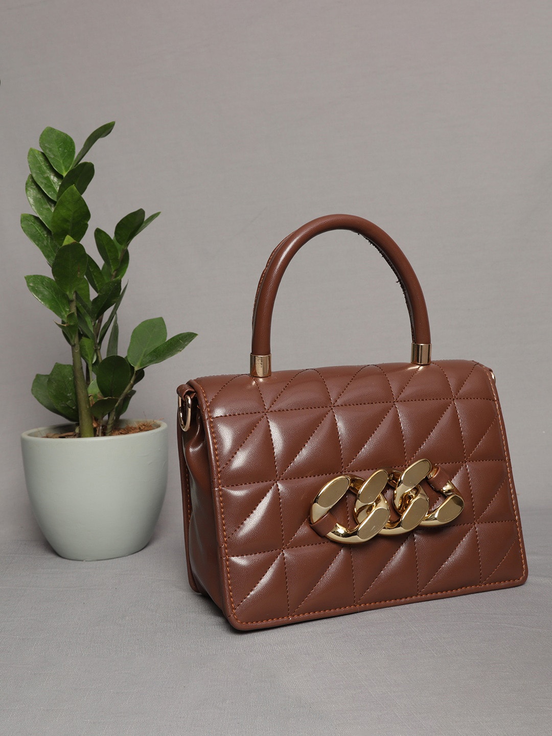 

MINI WESST Quilted Structured Handheld Bag, Brown