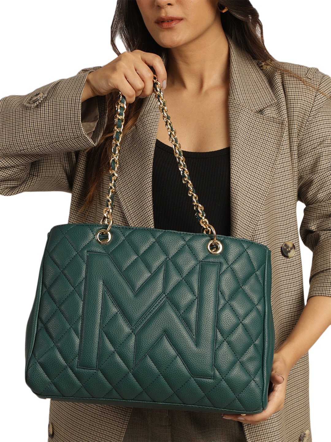 

MINI WESST Women Textured Structured Shoulder Bag with Quilted, Green