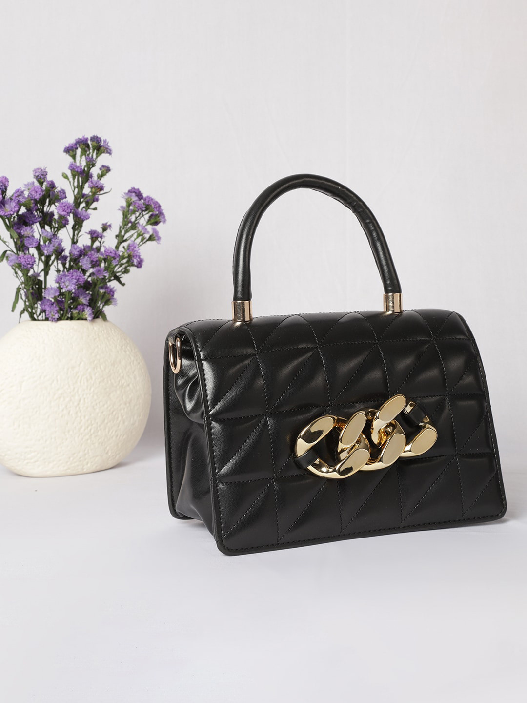 

MINI WESST Women Structured Satchel With Quilted, Black
