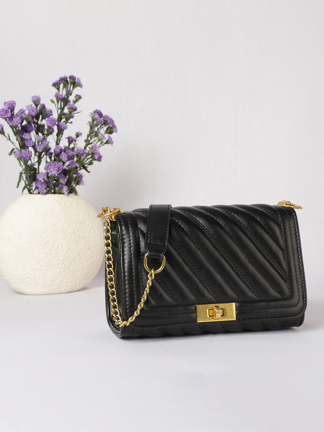 

MINI WESST Textured Structured Sling Bag with Quilted, Black