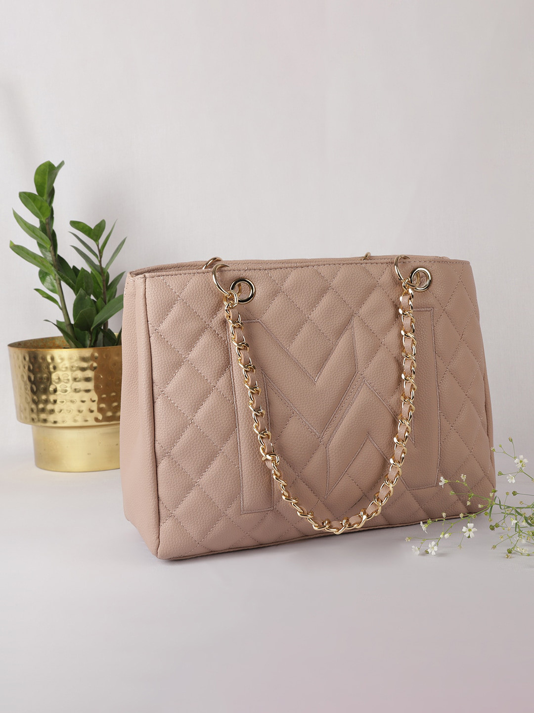 

MINI WESST Textured Shopper Shoulder Bag with Quilted, Beige
