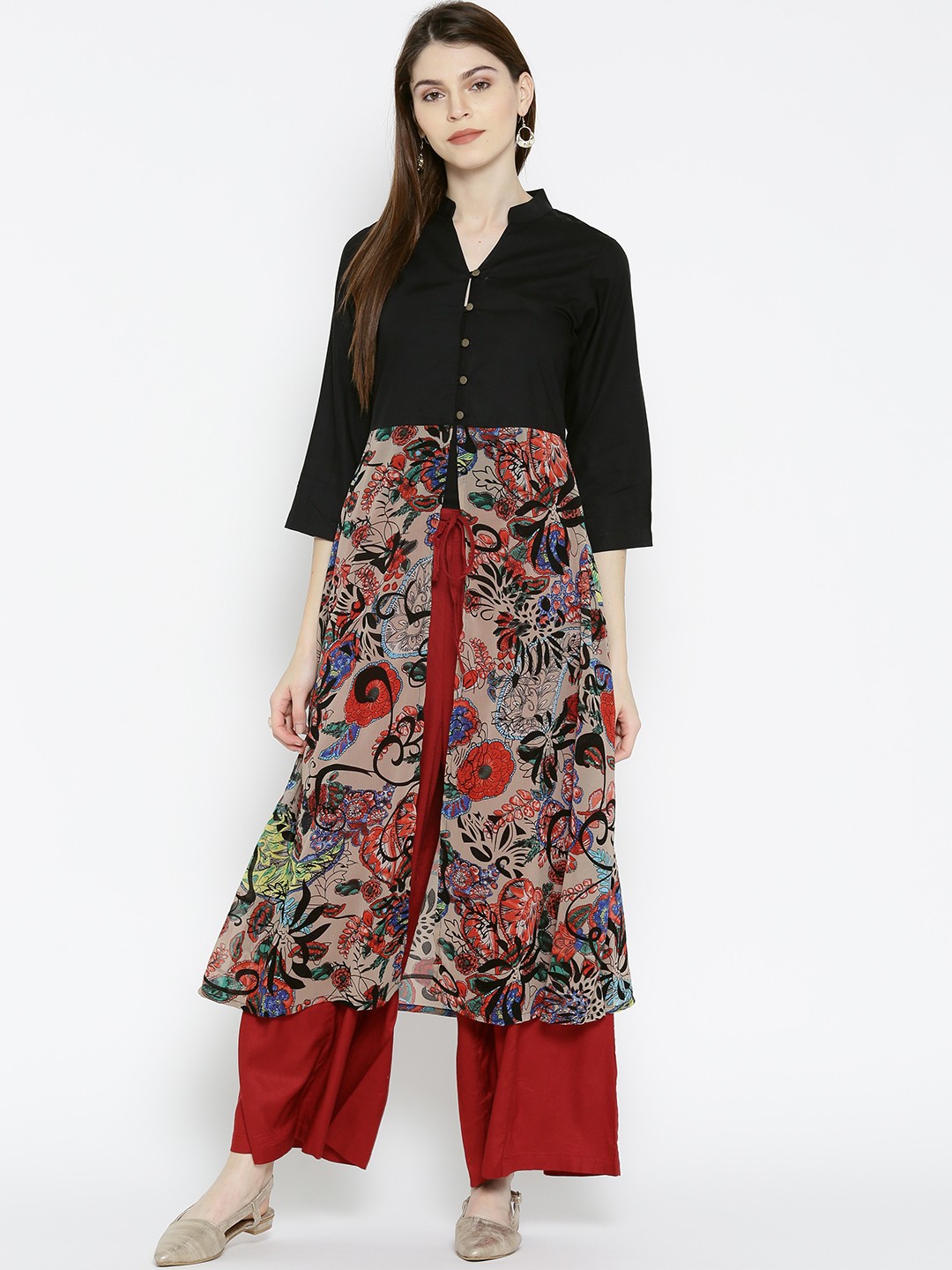 

Ayaany Women Black & Beige Printed A-Line Kurta