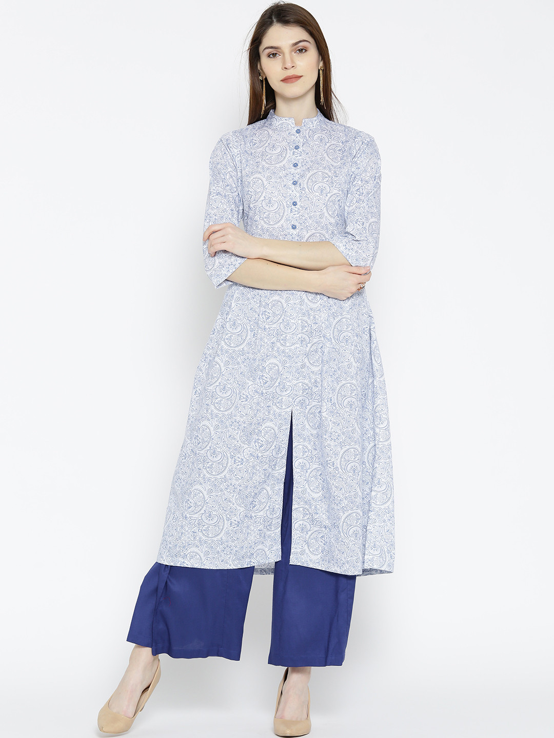 

Ayaany Women Blue & White Printed A-Line Kurta