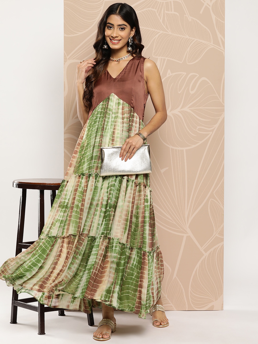 

FASHOR Tie and Dyed Georgette A-Line Maxi Dress, Brown