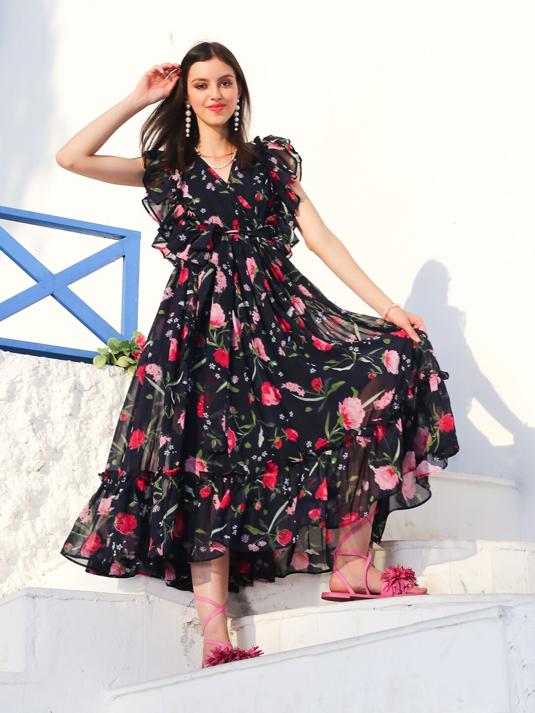 

Sera Floral Printed Ruffled Fit & Flare Maxi Dress, Navy blue