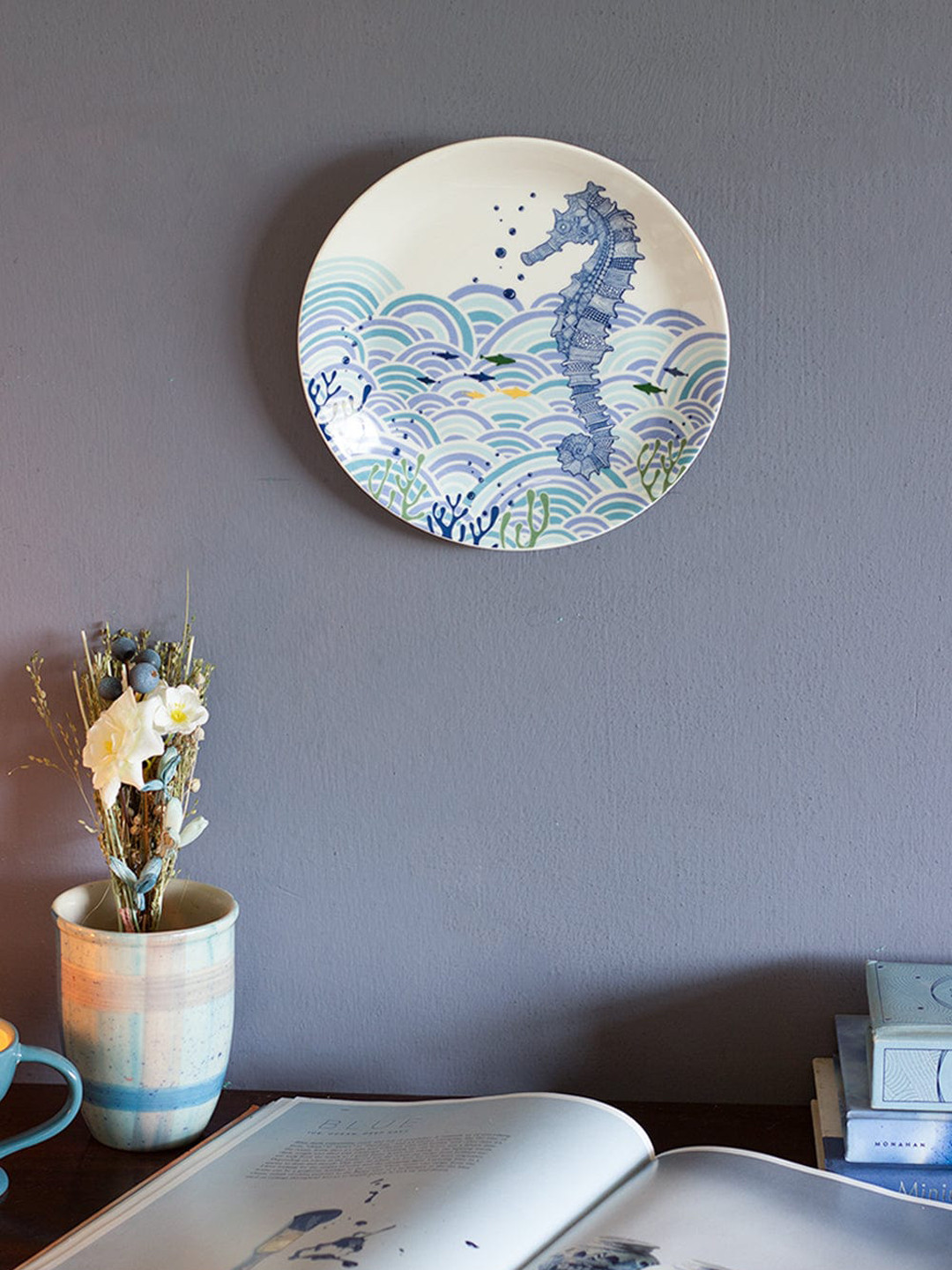 

The Wishing Chair Animal Illustrative Series White & Blue Sea Horse Printed Ceramic Wall Plate
