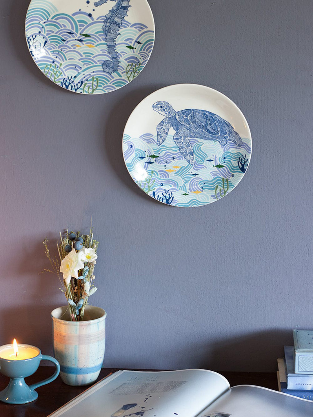 

The Wishing Chair Animal Illustrative Series White & Blue Turtle Printed Ceramic Wall Plate