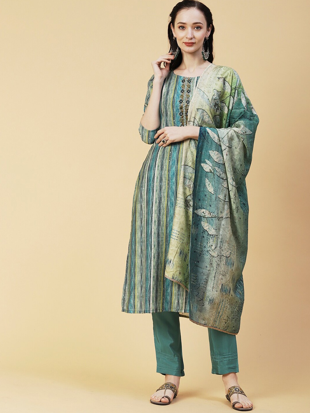 

FASHOR Striped Mirror Work Kurta With Trousers & Dupatta, Sea green